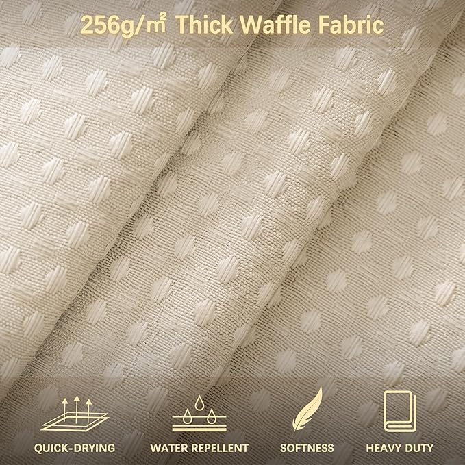 Beige Fabric Shower Curtain - Waffle Textured Heavy Duty Shower Curtains for Bathroom, 256GSM Hotel Spa Luxury Weighted Bath Curtain with 12 Hooks, 72x90, Beige