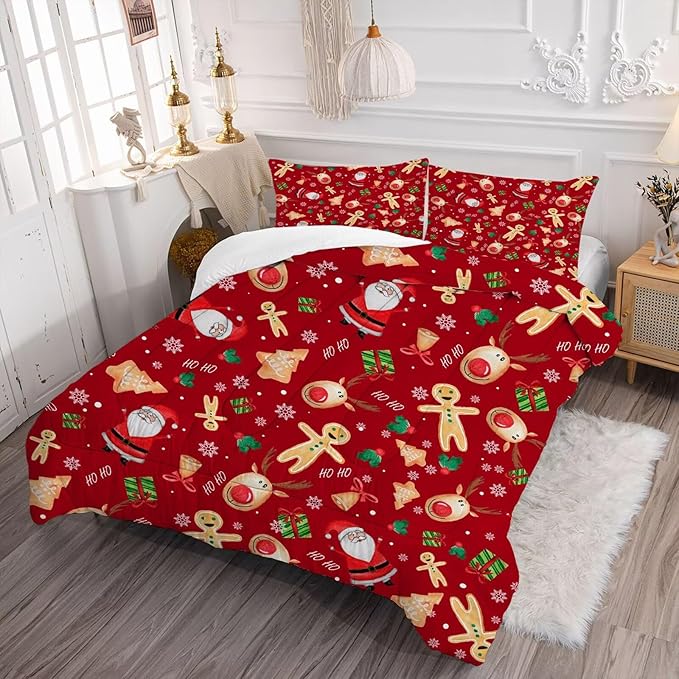 Red Christmas Comforter Set King for Girls and Women, Cartoon Santa Claus Christmas Tree Gingerbread Man Printed Bedding Set, Xmas Bed Set with 1 Comforter and 2 Pillowcases