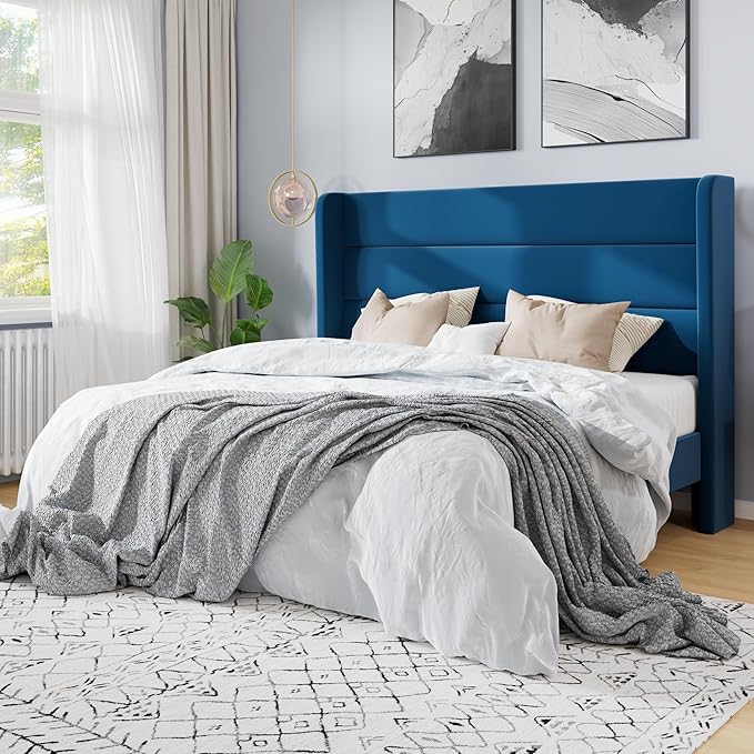 SHA CERLIN Queen Size Velvet Bed Frame/Vertical Channel Tufted Wingback Headboard/Upholstered Platform Bed with Wooden Slats/Mattress Foundation/No Box Spring Needed/Easy Assembly/Blue