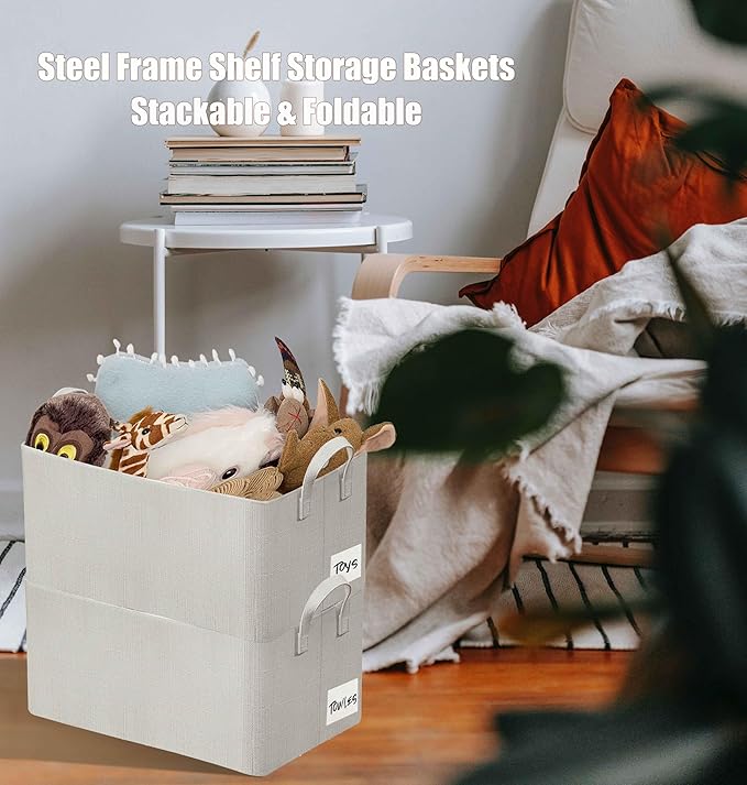 AARAINBOW 4 Pcs Closet Clothes Organizer with Handle, Fabric Storage Box with Steel Frame Stackable Shelf Storage Baskets Foldable Fabric Storage Baskets for Organizing Clothes Toys, 23L (B 4 White)