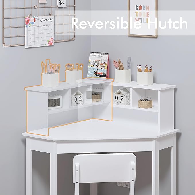 UTEX Kids Desk, Kids Corner Desk and Chair Set, Children Study Table with Storage and Hutch for Home School Use, White