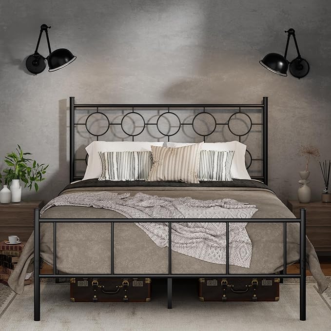 Queen Size Classic Metal Platform Bed Frame with Headboard and Footboard, Victorian Style Iron Bedframe with 12 inch of Storage Under Frame, Slat Support, No Springs Required, Easy to Assemble (Black)