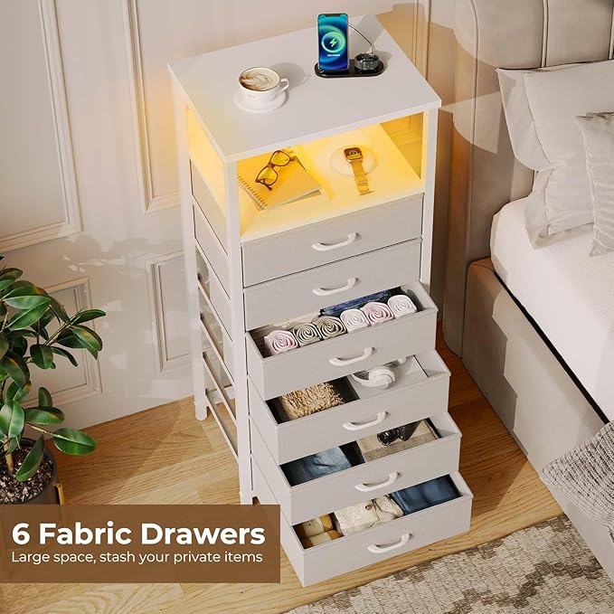 Seventable Night Stand with Charging Station, Tall Nightstand with 6 Fabric Storage Drawers, Side Table with LED Light for Bedroom, Entryway, White, Set of 2