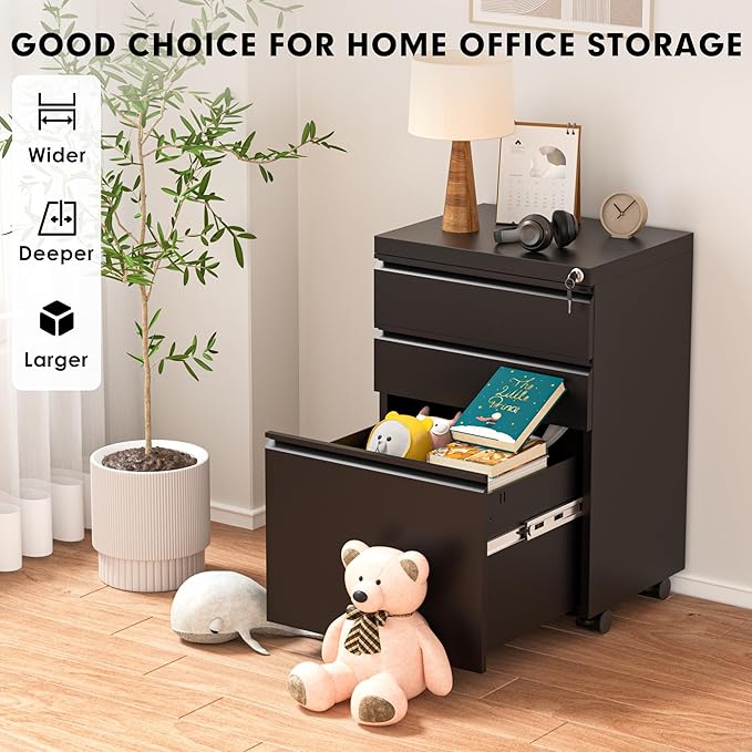 Greenvelly 3-Drawer Mobile File Cabinet with Locking Drawers & Wheels, No assembly required Black Rolling Metal Filing Cabinet for Home Office, Lockable File Organizer Under Desk or Letter/Legal Files