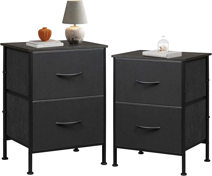 WLIVE Nightstand Set of 2, 2 Drawer Dresser for Bedroom, Small Dresser with 2 Drawers, Bedside Furniture, Night Stand, End Table with Fabric Bins for Bedroom, Dorm, Charcoal Black, Size L