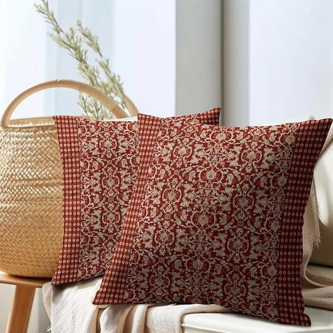 Kawani Red Antique Pillow Covers 18x18 Inch Vintage Floral Block Print Decorative Throw Pillows Set of 2 Retro Turkish Pillowcases for Couch Indoor Outdoor Home Decor