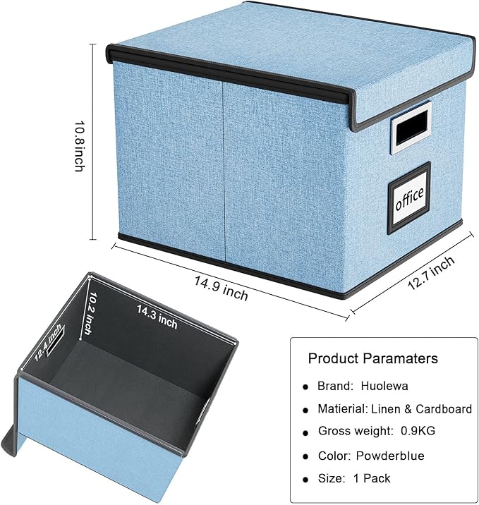 Huolewa Collapsible File Storage Organizer Box with Lid, Hanging File Folders Box Organizer with Plastic Slides, Decorative Home/Office Filing System Boxes for File and Folders Storage - Powderblue