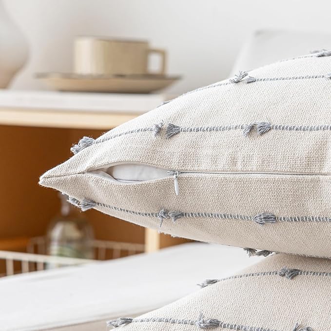 Boho Throw Pillow Covers 18x18 Set of 2 Modern Farmhouse Decorative Cushion Case Tufted Linen Square Pillows Cover Neutral Pillow Cases Accent Pillowcase for Sofa,Couch,Bed,Beige and Grey