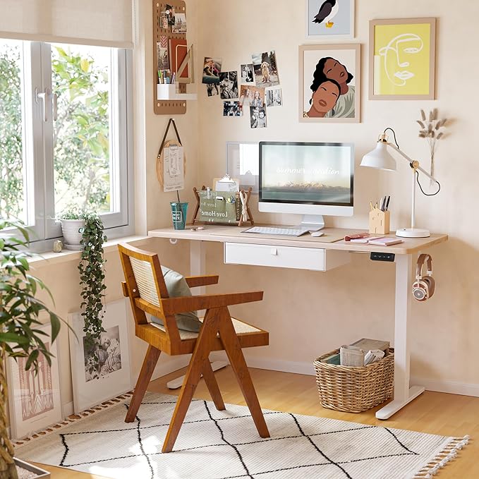 FEZIBO 40 x 24 Inches Standing Desk with Drawer, Adjustable Height Electric Stand up Desk with Storage, Sit Stand Home Office Desk, Ergonomic Computer Desk, White
