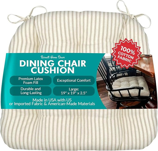 Barnett Home Decor Ticking Stripe Natural Dining Chair Pad with Ties - 19 x 19 Size Large Chair Cushion - Latex Foam Fill - Machine Washable, Reversible 100% Cotton, Made in USA