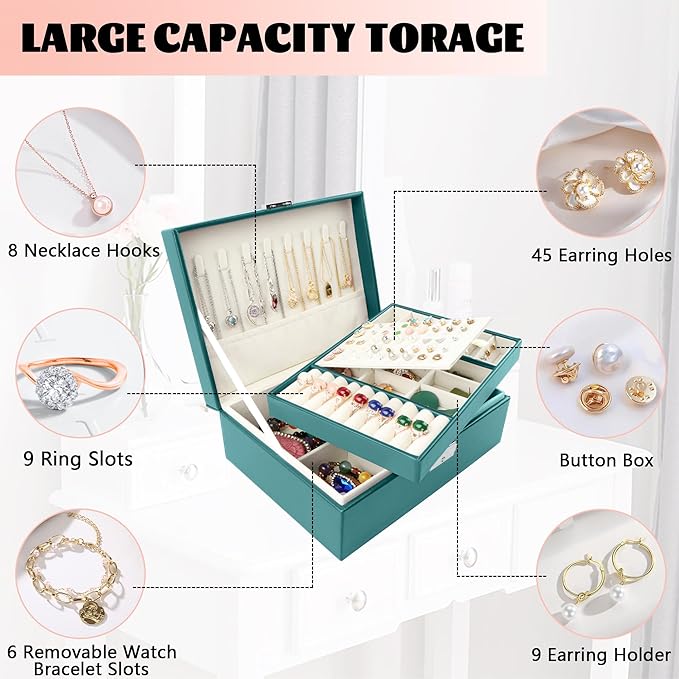Homeanda Jewelry box 2 layer Jewelry box Leather Jewelry boxes for Women Girls Teens Jewelry organizer box Jewelry Storage box with lock(Green)