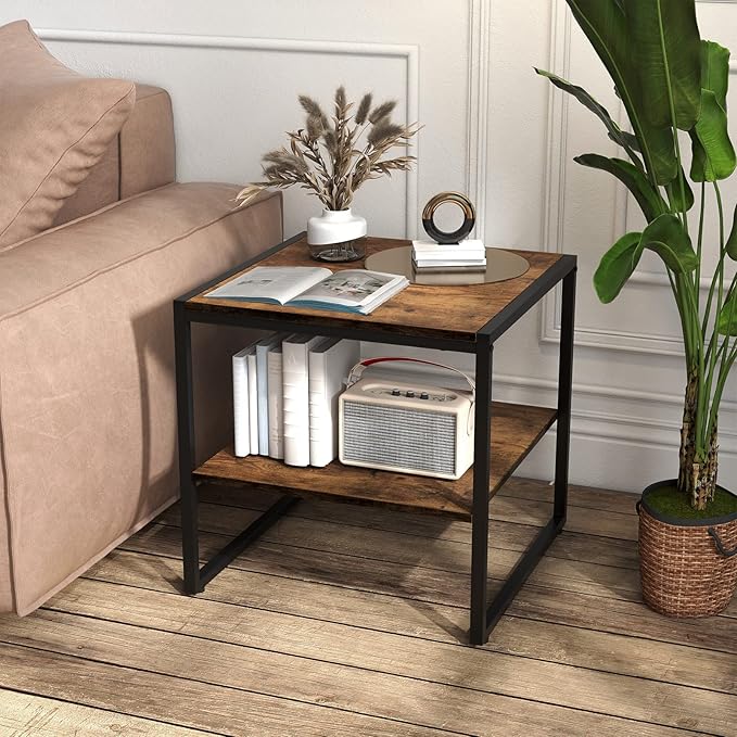 GOFLAME Square End Table Set of 2, 2-Tier Sofa Side Table with Open Shelf, Metal Frame, Industrial Tea Table, Compact Nightstand for Small Space, Bedside Table for Living Room, Bedroom, Rustic Brown