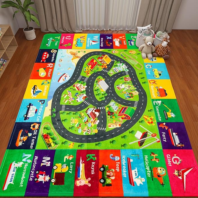Kids Rugs Traffic Road Carpet Play Rug 47"×31.5" for Playroom Transportation ABC Educational Mat Alphabet Area Rug, Kid Playtime Collection Toddler Car Track Rug Cute Cartoon Animal Letters