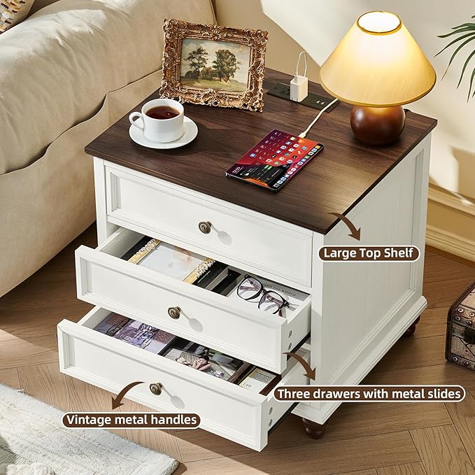 Farmhouse Nightstand Set of 2 with Charging Station, 24" Wide End Table with 3 Drawers,Dresser for Bedroom,Bed Side Table Chest of Drawers Cabinet,Wood White Night Stand for Living Room