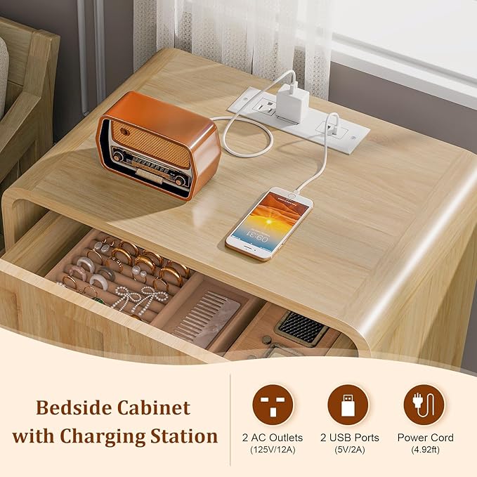 LYNCOHOME Nightstand with Charging Station, 18.9 inch Wide End Table with 2 Drawers, Modern Wood Bedside Table Mid Century Modern Night Stand for Bedroom (Natural)