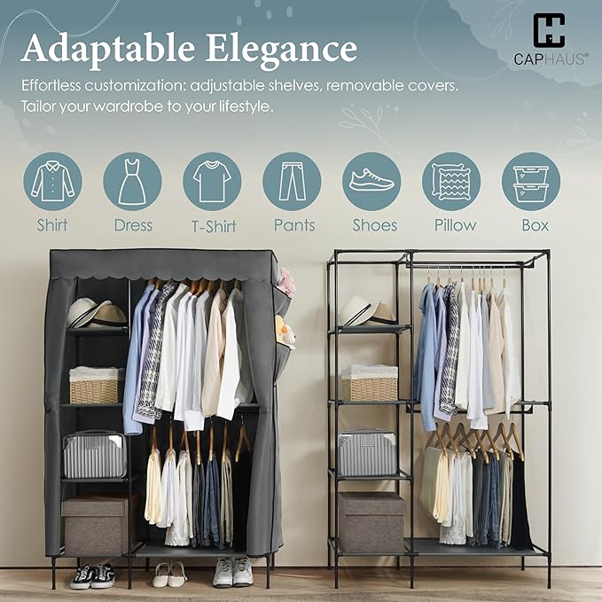 CAPHAUS 44-Inch Clothing Rack with Cover, Portable Closet Wardrobe, Covered Garment Rack for Hanging Clothes, 230LB Capacity Heavy-Duty Metal Frame Clothes Organizer Rack with Storage Shelves