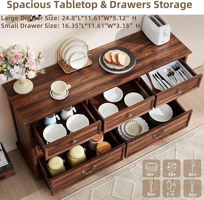 Farmhouse 7 Drawers Dresser for Bedroom, Brown 54 Inch Wide Chest of Drawers w/ 4 Wooden Legs, Large Vintage Rustic Closet Dressers for Living Room, Wood TV Stand with Storage Organizer