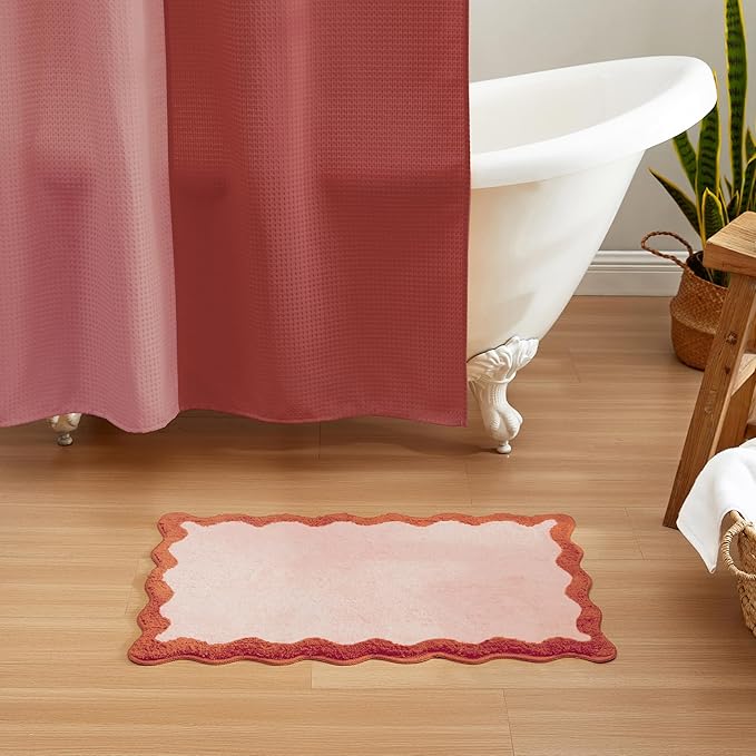 MONDAY MOOSE Bath Mat with Scalloped Wavy Ripple Design, Microfiber Absorbent Non Slip Tufted Rug for Floor, Shower or Kitchen (16x24 inch, Blush)