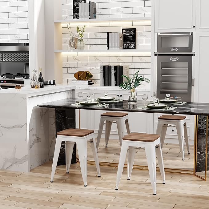 Andeworld 18 Inch Stools Set of 4,Industrial Metal Dining Chair with Wooden Seat,Short Kitchen Bar Stools Stackable for School,Classroom,Cream White