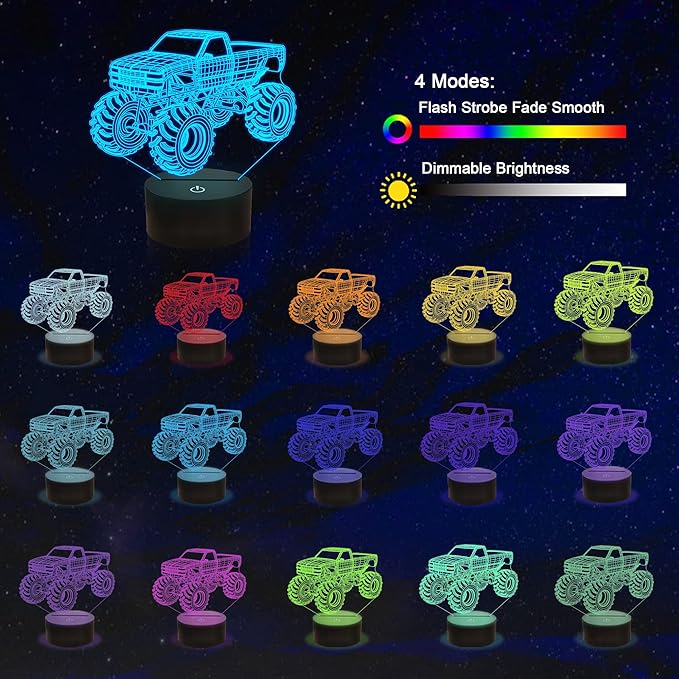 3D Night Lights for Children, Kids Night Lamp, Monster Trucks for Boys, 16 LED Colors Changing Lighting, Car Shape Acrylic Lighting Table Desk Bedroom Decoration, Ideas Birthday Xmas