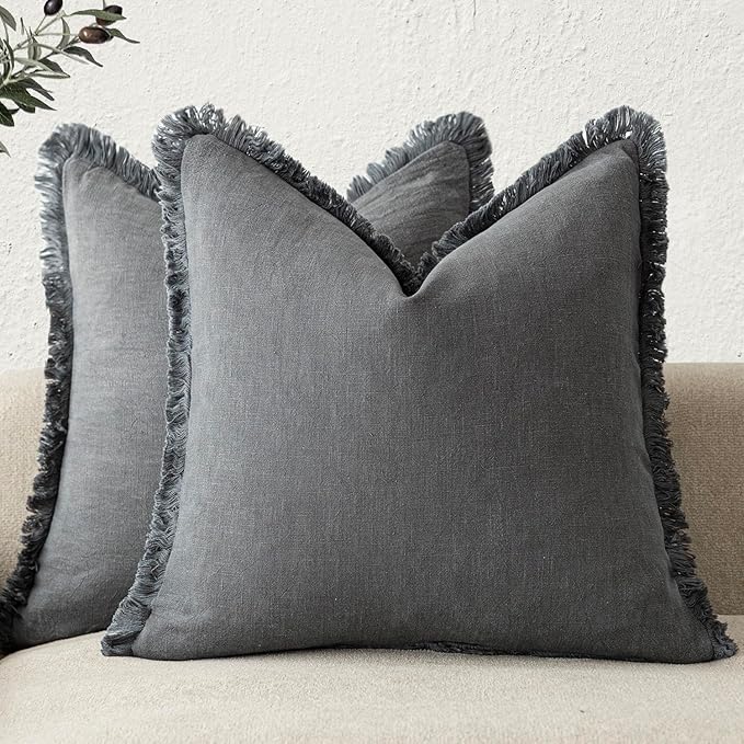 Foindtower Set of 2 Decorative Linen Fringe Throw Pillow Covers Cozy Farmhouse Boho Cushion Cover with Tassels Soft Accent Pillowcase for Couch Sofa Bed Living Room Home Decor 20×20 Inch Gray