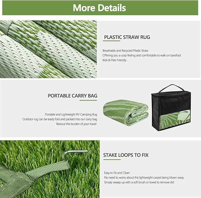Waterproof Outdoor Rug 9x12 ft, Reversible Plastic Straw Mat with Leaf Pattern, Large Floor Mat for Patio, Camping, Picnic, Backyard RV, Deck, Light Green