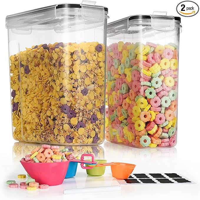 Tiawudi 2 Pk Airtight Cereal Containers Storage Set 135.2oz/4L Each,Food Storage Containers, Large Cereal Dispenser, Kitchen Pantry Organization Containers, with Labels and Measuring Spoons