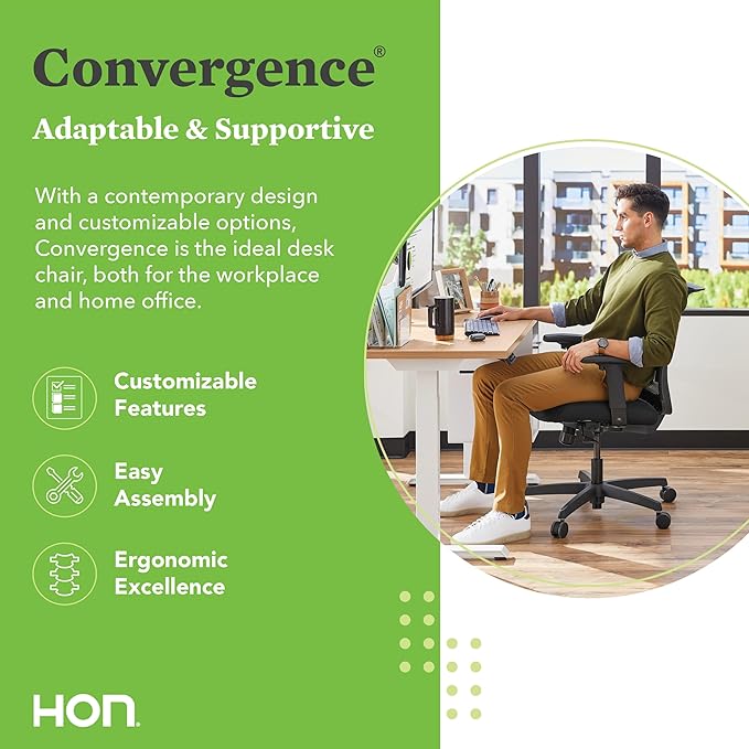 HON Convergence Ergonomic Office Chair, Breathable Back Support Mesh, Adjustable Arms, Computer Chair with Lumbar Support, Rolling Swivel Wheels, Comfortable Synchro-Tilt Recline, Fabric, Peacock
