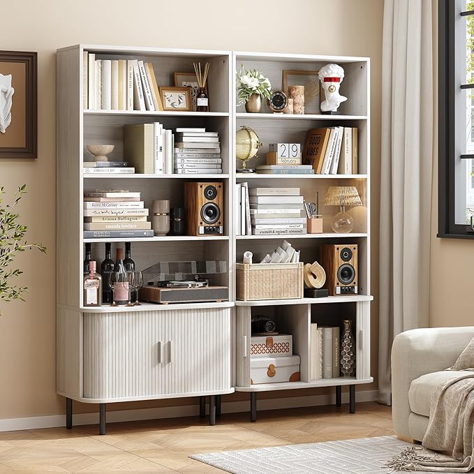 71" Tall Bookshelf, 4-Tier Bookcase with Storage Cabinet & Adjustable Shelves, Freestanding Wood Bookshelf with Sliding Door and Adjustable Footpad, for Home Office, Living Room, Natural White