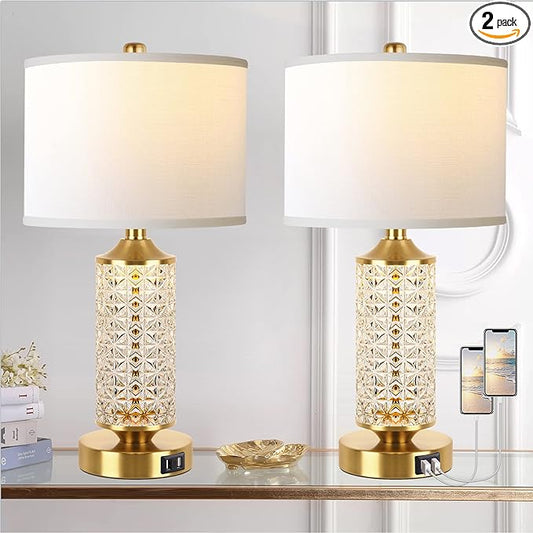 QiMH Set of 2 Table Lamps with USB Ports, Modern Bedside Lamp with LED Night Light for Bedroom, Nightstand Lamps for Living Room Office (Gold)(2 Bulbs Include)