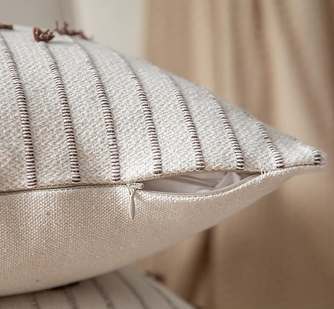 Boho Throw Pillow Covers 20x20 Set of 2 Decorative Pillows for Bed, Neutral Pillow Covers Beige with Coffee Line Throw Pillows for Modern Farmhouse Couch Sofa Living Room Outdoor
