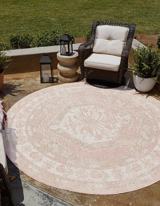 Unique Loom Outdoor Traditional Collection Area Rug - Valeria (10' Round, Pink/ Ivory)