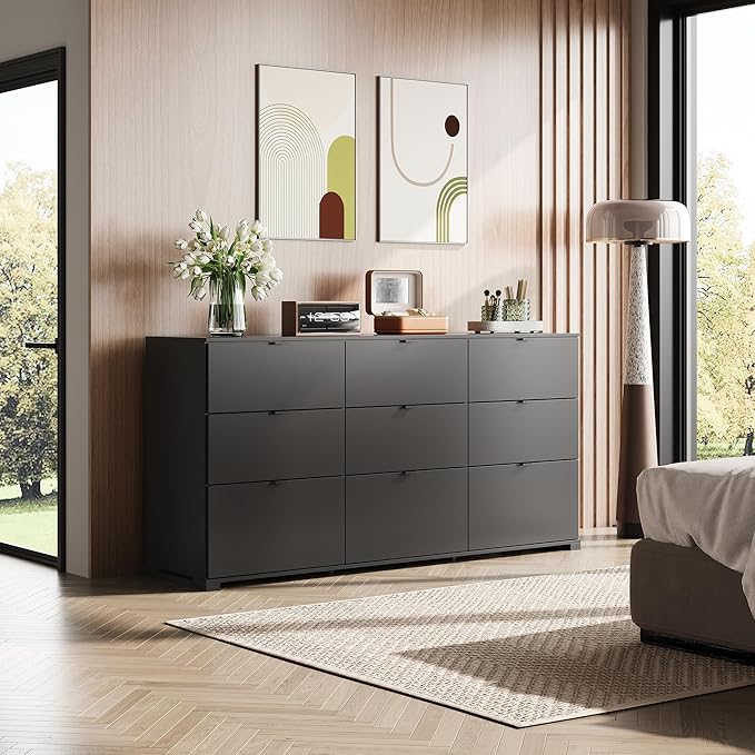 WLIVE 9 Drawer Dresser for Bedroom, 63" Wide Black Drawers Large Wood Chest of Drawers Organize with Sturdy Metal Handle, Modern Dresser for TV Stand, Living Room Office, Hallway, Ball Bearing Slide