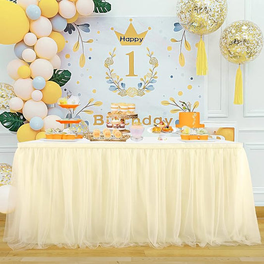 Suppromo Ivory Tulle Table Skirts for Wedding 14ft Tutu Table Skirt Ivory Table Cloth for Bridal Shower Birthday Party Baby Shower Gender Reveal Banquet Decorations