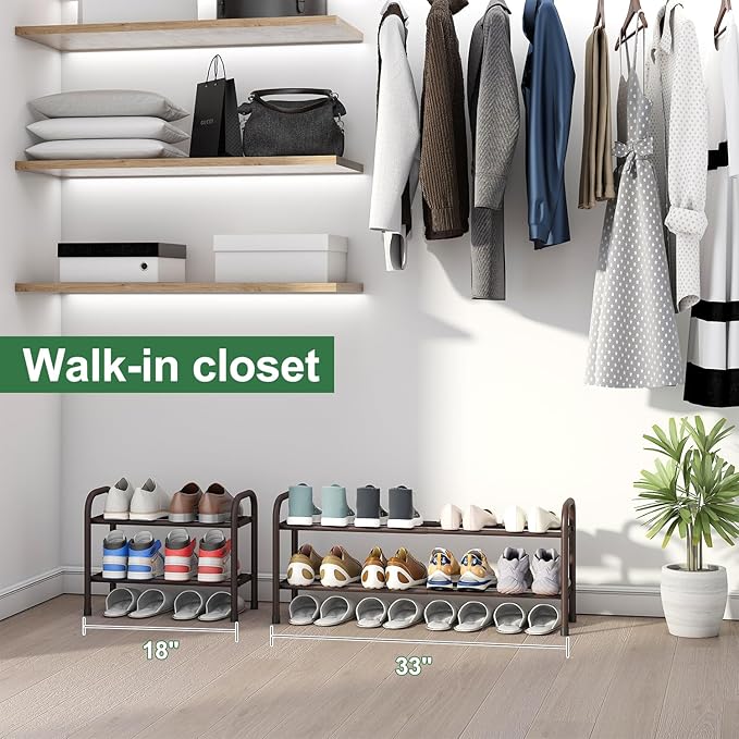 Expandable Shoe Rack, 2-Tier Shoe Shelf for Closet, Adjustable Length Shoe Shelf Storage Organizer, Standing Shoe Rack for Entryway