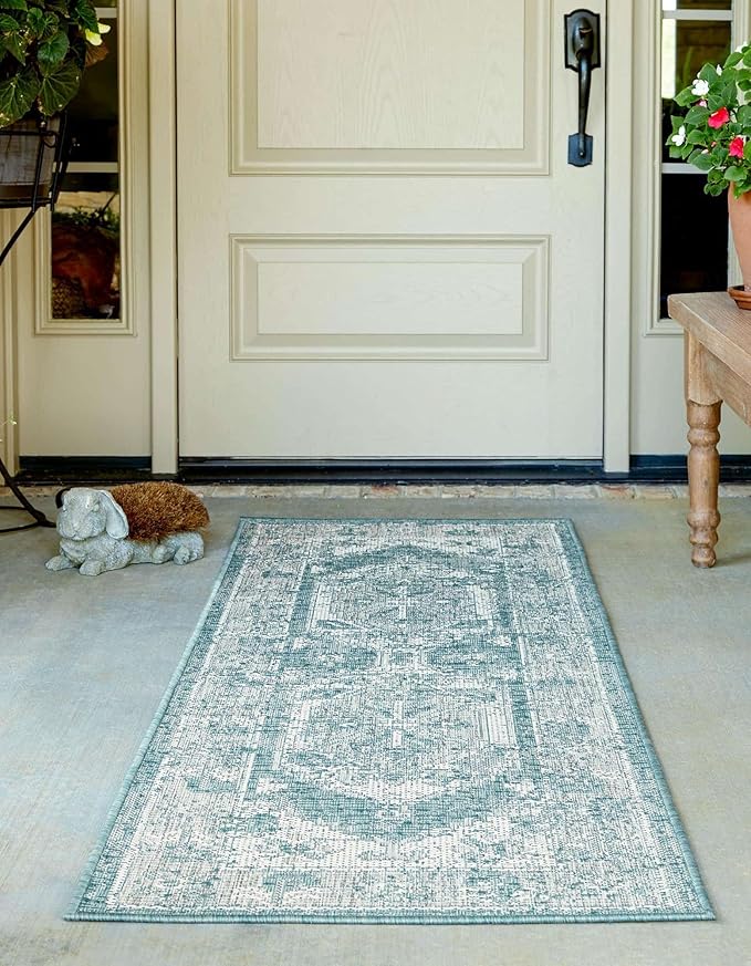 Unique Loom Outdoor Traditional Collection Area Rug - Valeria (2' x 7' 10" Runner, Aqua/ Ivory)