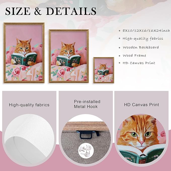 Framed Vintage Cat Canvas Wall Art, Funny Pink Animal Reading Books Painting Picture Print, Cute Kitten Lovers Aesthetic Wall Decor for Nursery Girls Room Bedroom Kids Room 16''L x 12''W