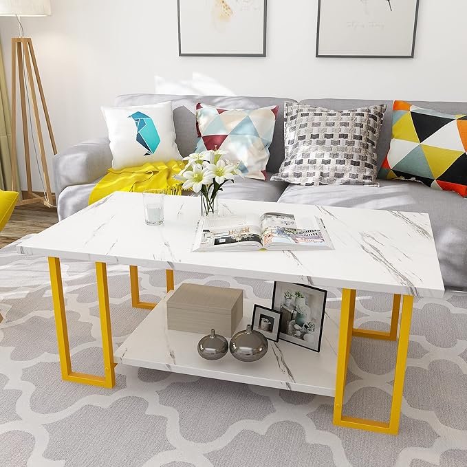 AWQM Marble Coffee Table, Faux Marble Top Rectangular Coffee Table with Gold Metal Frame, 2 Tier Living Room Table for Living Room, Office, Balcony, 40 Inch, White and Gold