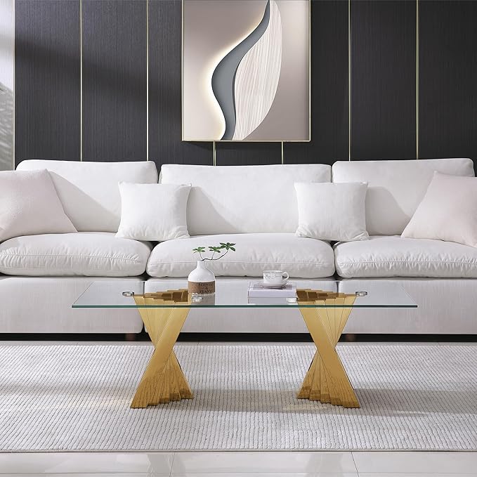 Goujxcy Modern Glass Coffee Table 51" Gold Center Table with Tempered Glass Top and Mirror Finish Stainless Steel Legs, Luxury Rectangular Coffee Table for Living Room Apartment (Gold)