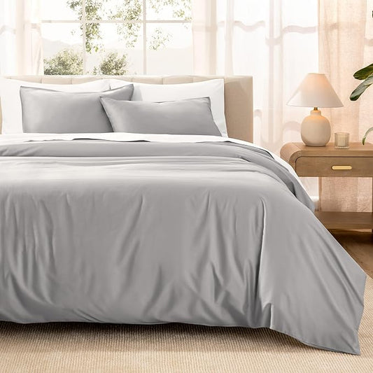Bare Home 100% Organic Cotton Sateen Duvet Cover Set - 400 Thread Count - Smooth Sateen Weave - Warm & Luxurious - Duvet Cover (King/Cal King, Light Grey)