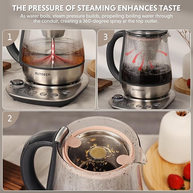 BUYDEEM K176 Tea Maker, Multifunctional Stainless Steel Electric Kettle for Tea and Coffee Brewing, Auto Keep Warm, 5 Flavor Controls, 1.5L