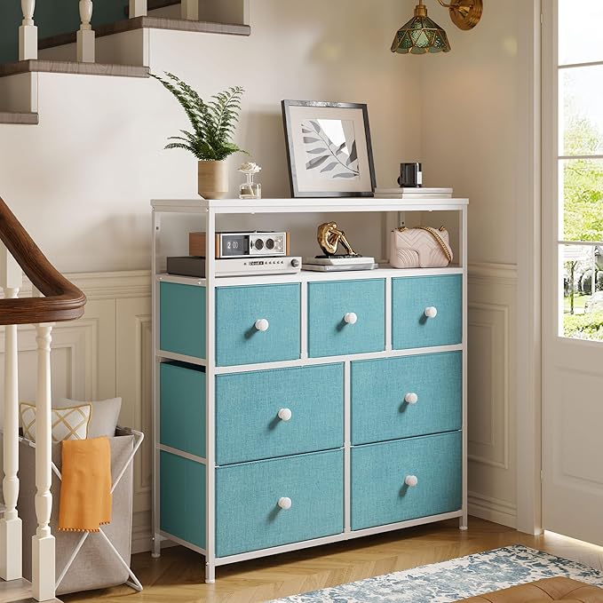 EnHomee Dresser for Bedroom with 7 Drawers and 2 Shelves，Tv Stand for Bedroom，Green Small Dresser for Closet，Hallway，Entryway，Dormitory，Clothing Storage