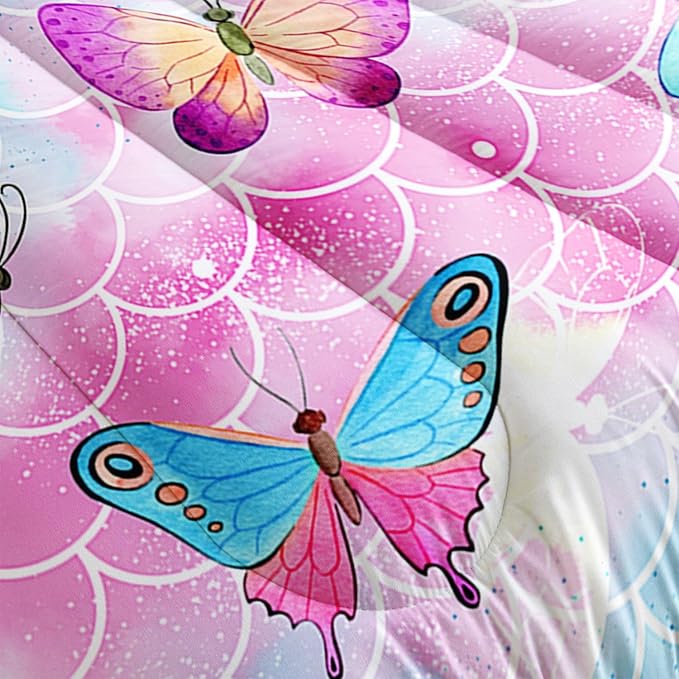 Kids Comforter Set Mermaid Scale Butterfly Printed Pattern Bedding Set with 1 Comforter and 2 Pillowcases for Girls Boys Bedroom All Season(Mermaid Full)