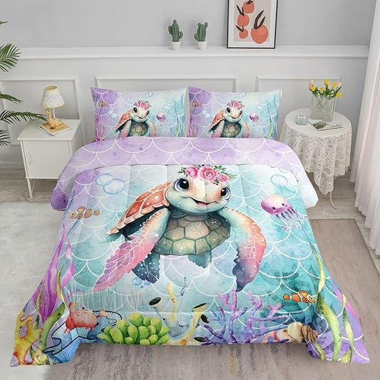 Kids Comforter Set Mermaid Scale Turtle Printed Pattern Bedding Set with 1 Comforter and 2 Pillowcases for Girls Boys Bedroom All Season(Turtle Queen)