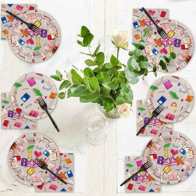 Wiooffen 96 Pcs Book Club Birthday Party Plates Napkins Tableware Set Book Themed Party Supplies Disposable Dinnerware Books Decoration Favors for Library Reading Party Table Decor, 24 Guests