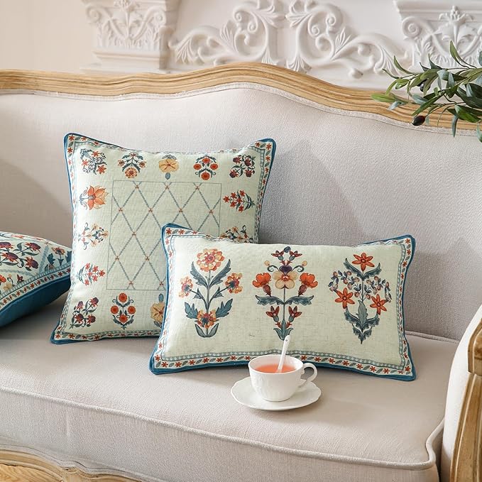 Design Square Linen Throw Pillow Covers 18"x18" Pack of 2, Blue Floral Country Cushion Covers with Colorful Wildflower Pattern Decor Pillowcases for Bed,Living Room,Outdoor,Car