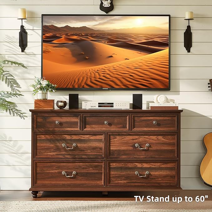 Farmhouse 7 Drawers Dresser Sets of 2 for Bedroom, Brown 54 Inch Wide Chest of Drawers w/ 4 Wooden Legs, Large Vintage Rustic Closet Dressers for Living Room, Wood TV Stand