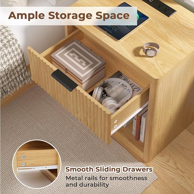 HOMMPA 22'' Fluted Nightstand with Charging Station, Modern Bedside Table w/Storage, End Table w/Drawer & Open Compartment, Wooden Bedside End Table for Bedroom, Living Room, Curved Profile Design