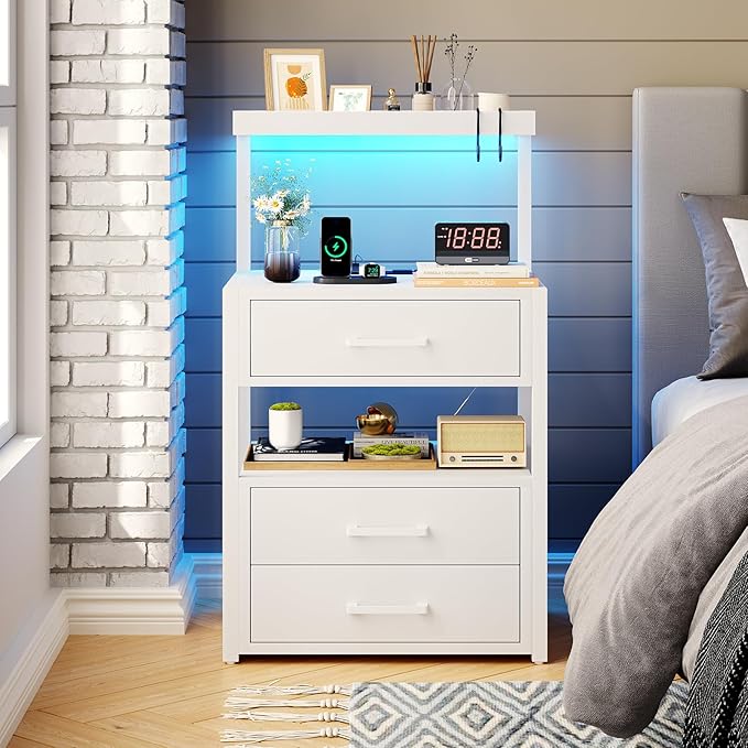 Nightstand with Charging Station and LED Lights, LED Night Stand with 2 USB Ports and 2 AC Outlets, Modern End Table with 3 Drawers, Bedside Table with Open Storage for Bedroom, White