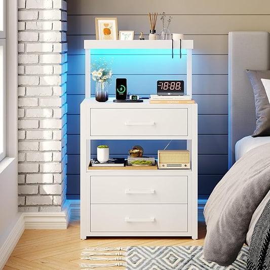 Nightstand with Charging Station and LED Lights, LED Night Stand with 2 USB Ports and 2 AC Outlets, Modern End Table with 3 Drawers, Bedside Table with Open Storage for Bedroom, White